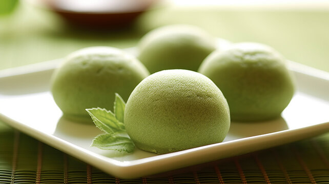 delicious japanese mochi rice flour dessert with matcha flavor.