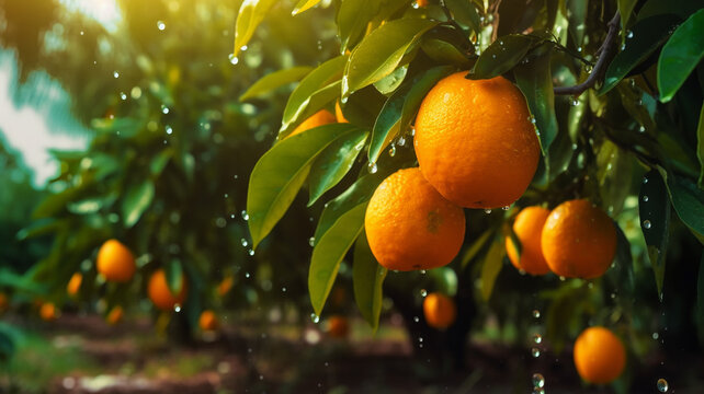 fields in the garden with fruits oranges on the trees harvest .Generative AI