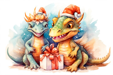 Naklejka premium the dragon family celebrates the New Year 2024, Cute little smiling dragon in a christmas hat ang gift boxes, new year 2024 symbol. watercolor Isolated on white background, christmas cartoon illustrat