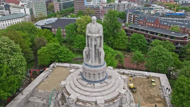 Drone shot of Bismarck Monument ( Bismarck-Denkmal ) , Hamburg , Germany . Large monument featuring a statue of of Otto von Bismarck, the 1st German Chancellor.