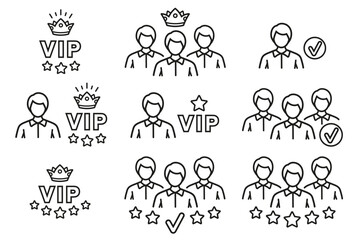 Membership, premium VIP club member, join internet community, important customer, client loyalty, new web user, team work, friend social contact line icon set. Group people. Best luxury service vector