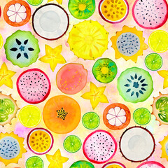 Seamless pattern with exotic tropical fruits