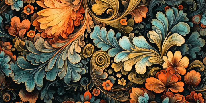 rich detailed brocade texture illustration with orange, and blue leaves 