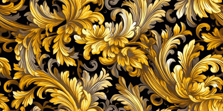 rich detailed brocade texture illustration with golden and gray leaves on black background