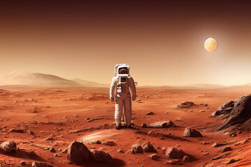 Ravishing digital illustration of Mars landscape feature with red surface and mountain with astronaut. Space exploration and martian on red planet concept by generative AI.