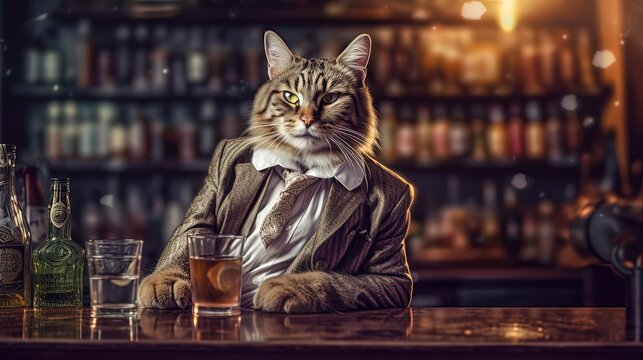 funny cat portrait, moody cat chill out at bar, Generative Ai