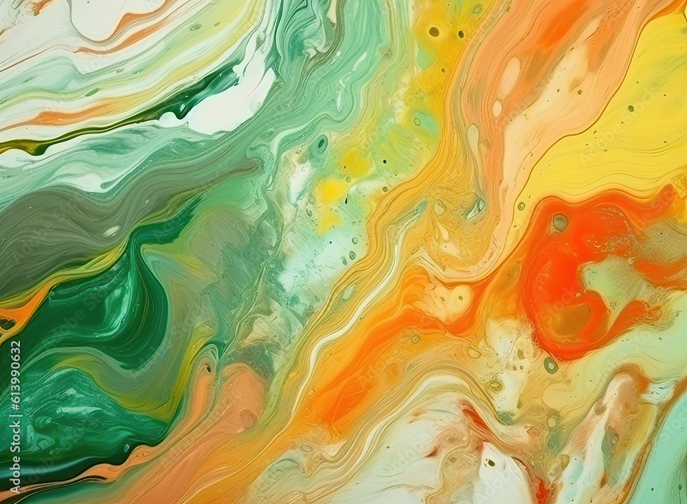 Wall mural Digital illustration in fluid art style in green and orange colours. Abstract mixing of colored liquid paints