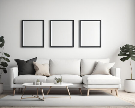 Blank picture frame mockup on white wall. Modern living room design. View of modern scandinavian style interior with sofa. Three square templates for artwork, painting, photo or poster