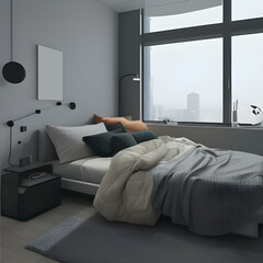 futuristic interior. sci-fi bedroom. 3d illustration. Concept art illustration of an apartment bedroom interior in a cold future style. generative AI