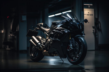 Fototapeta na wymiar dark powerful motorcycle in garage