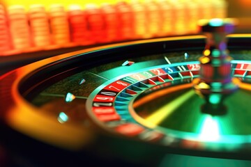 Obraz premium A close - up shot of a roulette table in a casino, highlighting the spinning wheel and colorful betting chips. Generative AI