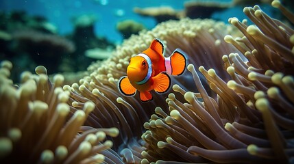 Naklejka na ściany i meble Clown fish with anemone Generative AI