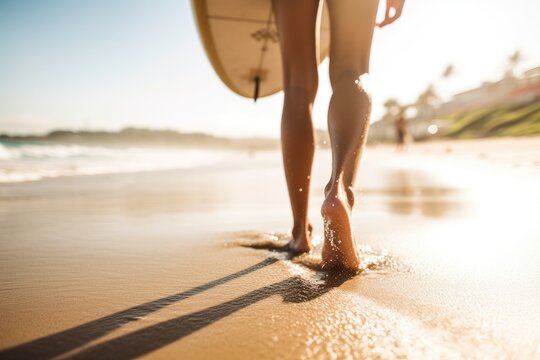 A photo featuring a woman surfer walking barefoot on the beach, carrying her surfboard. Generative AI