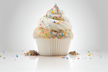 Cupcake with colorful sprinkles isolated on a white background. Generative AI