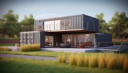 Fototapeta na wymiar Container house and office with lawn grass.3d rendering