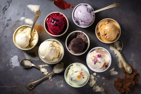 Variety of ice cream scoops in bowls on stone background. Top view. Generative AI