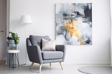 Modern living room interior with grey armchair and abstract frame on wall. Generative AI