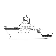 Black-white linear outline research vessel illustration for coloring book, vector hand drawn isolated drawing, deep sea expedition ship on white background