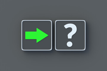 True answers. Question mark and arrow on buttons. Alternative sources of information. Permitted requests. Successful analysis. Full access to the secret. Right questions. 3d render