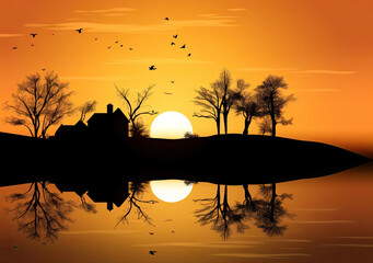 Obraz premium Beautiful Sunset Scenery abstract painting. Reflection in water Generative Ai
