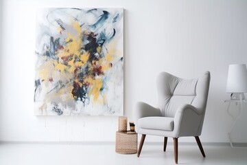 Modern living room interior with armchair and painting on wall. Home Decor Concept. Generative AI