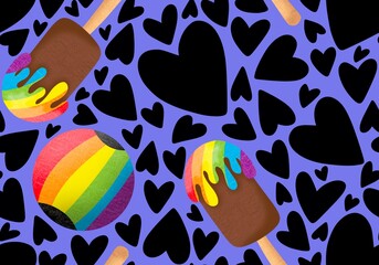 Fototapeta premium Cartoon summer rainbow seamless ice cream and hearts and ball pattern for wrapping paper and fabrics