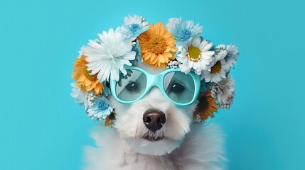 close up funny pet portrait, cute dog with flower crown and sunglasses, Generative Ai