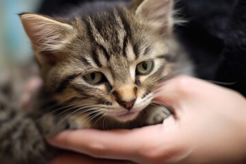 A close - up shot of a woman's hands gently petting a cat at an animal shelter. Generative AI