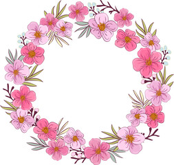 pink flowers in flat design, cartoon style . Collection of delicate blossom flowers in petal pink color. Floral illustration. on transparent, png