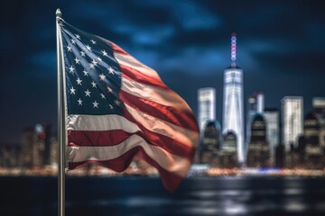 Naklejka premium A close - up shot of an American flag gently waving in the foreground, with the iconic New York City skyline illuminated in the background. Generative AI