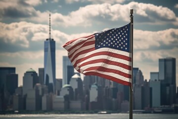 A close - up shot of an American flag gently waving in the foreground, with the iconic New York City skyline as a stunning backdrop. Generative AI