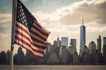 Naklejka premium A close - up shot of an American flag gently waving in the foreground, with the iconic New York City skyline as a stunning backdrop. Generative AI