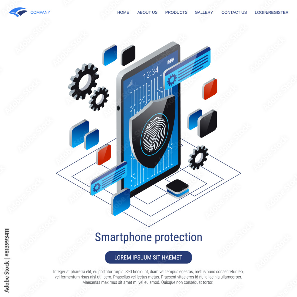 Poster smartphone protection, computer security, access control, fingerprints scanning 3d isometric vector 
