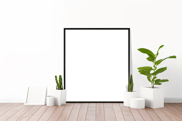 Empty room with a blank wall frame and plant pots mockup image ai generative
