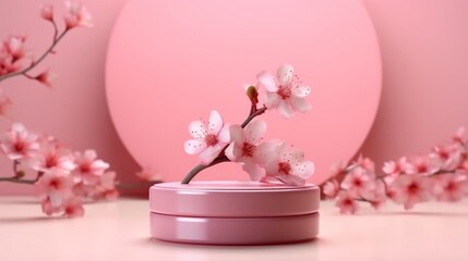Fototapeta na wymiar pink podium display sakura pink flower falling cosmetic Generative AI