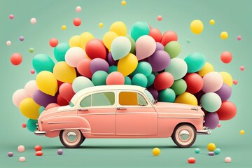Retro car with colorful balloons and confetti. Generative AI