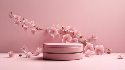 pink podium display sakura pink flower falling cosmetic Generative AI