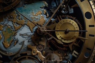 Detail of old watch mechanism with gears and world map. Time concept. Generative AI
