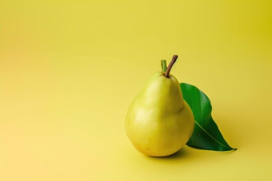 Ripe yellow pear with green leaf on yellow background, copy space. Generative AI