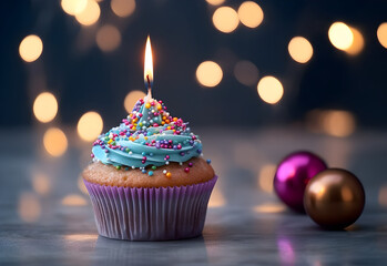 Birthday cupcake with a candle and festive tinsel decoration on a blue background with copy space. Generated AI.