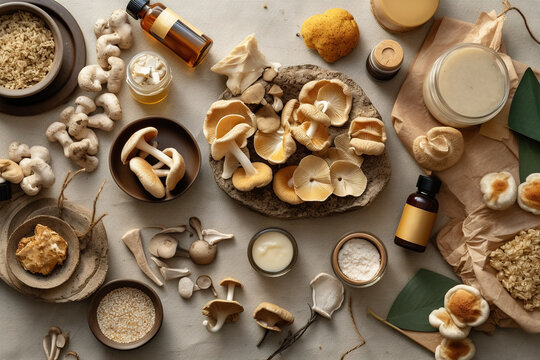 A different types of mushrooms and herbs spread on a table along with some cosmetics and oils. Generative AI