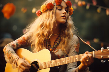Naklejka premium Melodies of the Free Spirit: Captivating Image of a Beautiful Hippie Singer Playing the Guitar in the 70s - generative ai
