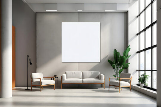 Square frame poster mockup, on light concrete wall in the waiting room of the hospital with modern scandinavian style furniture and big window, loft interior decoration. Generated AI.