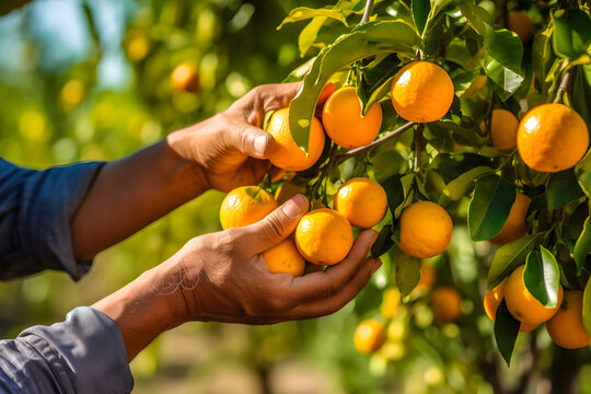 Close up of farmer male hands picking orange or mandarin fruits. Organic food, harvesting and farming concept. Generated AI.