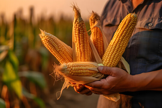 Close up of farmer male hands holding corn in the cob. Organic food, harvesting and farming concept. Generated AI.