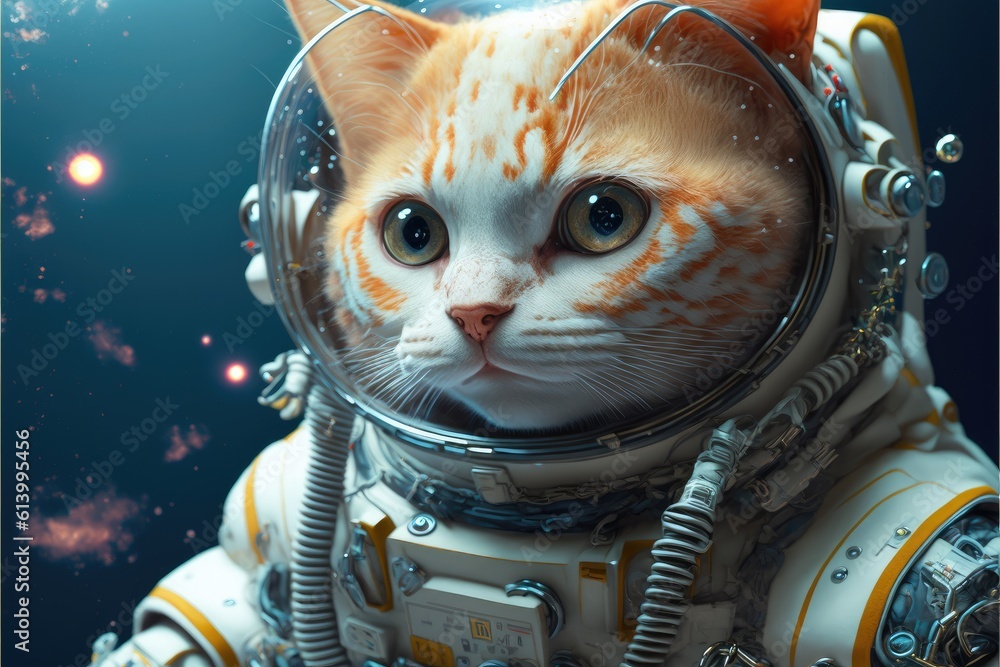 Poster astronaut cat floating in space with stars and galaxy background outer space. finest generative ai.