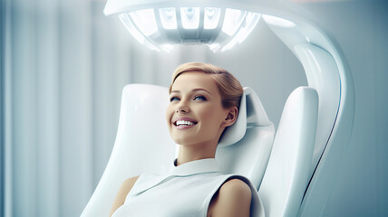 Patient at the dentist's appointment sitting in the dental chair, dental treatment, futuristic style