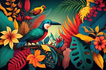 Fototapeta na wymiar Tropical Vivid Background with Flower and Birds. Illustration AI Generative.