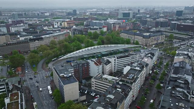 Drone shot of Hamburg Central Bus Station ( ZOB Hamburg ) , It is located in the St. Georg district  , Hamburg , Germany