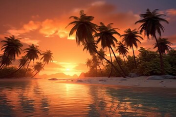 Obraz na płótnie Canvas Tropical Palm Sunset Background. Illustration AI Generative.